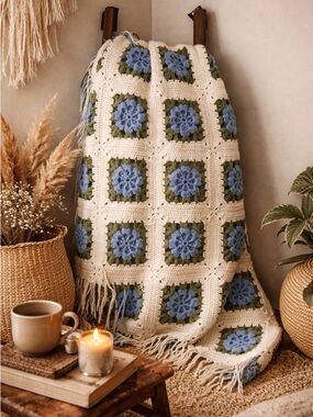 Handmade Crochet Floral Throw Blanket - Cream, Blue & Green